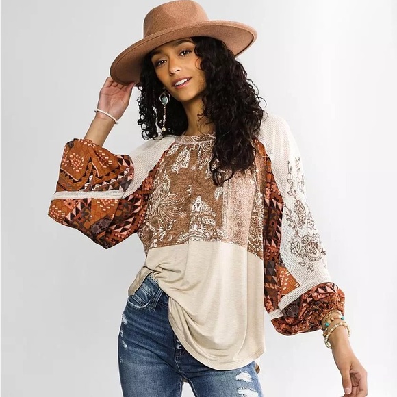 BKE M Medium Women's Flowy Brown and Cream Top - Picture 2 of 8